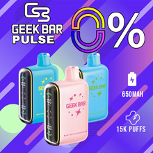 Load image into Gallery viewer, The Geek Bar Pulse 15K Zero Edition is a nicotine-free disposable vape with up to 15,000 puffs in regular mode or 7,500 in pulse mode. It features a full-screen display, dual mesh coils, and comes in five flavors, offering a long-lasting, flavor-rich vaping experience.