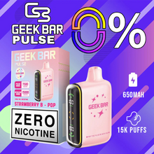 Load image into Gallery viewer, The Geek Bar Pulse 15K Zero Edition is a nicotine-free disposable vape with dual modes offering up to 15,000 puffs in regular mode and 7,500 in pulse mode. It features a full-screen display, dual mesh coil technology for enhanced flavor, and comes in five flavors, all in a user-friendly, auto-draw design.