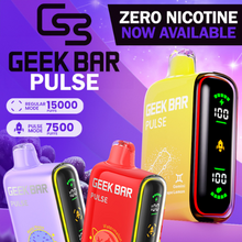 Load image into Gallery viewer, The Geek Bar Pulse 15K Zero Edition is a nicotine-free disposable vape with dual modes offering up to 15,000 puffs in regular mode and 7,500 in pulse mode. It features a 16ml e-liquid capacity, a full-screen display, dual mesh coils for enhanced flavor, and comes in five flavors. It's user-friendly, requiring no refills, perfect for those seeking a pure vaping experience.