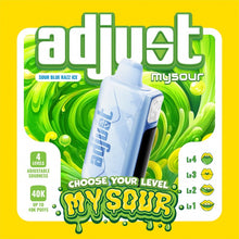 Load image into Gallery viewer, The Adjust MySour 40K Disposable 5% is a groundbreaking vaping device that lets you customize your experience with adjustable sourness levels. This disposable vape comes pre-filled with 20mL of e-liquid and 5% (50mg) nicotine strength, delivering up to 40,000 puffs powered by an 850mAh Type-C rechargeable battery. Its unique feature allows you to choose from four sourness levels, ranging from a subtle tang to a bold, tart kick, ensuring every puff matches your preference. The device also features a triple m