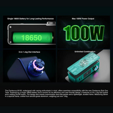 Load image into Gallery viewer, The Centaurus M100 Mod by Lost Vape boasts an efficient single 18650 battery and a convenient 3-in-1 control system. Upgrade your device with customizable panels and a powerful QUEST 2.0 chipset. Enjoy a comfortable vaping experience with the activation button and 360° rotation button, and easily activate your device with the tactile On/Off slider switch.