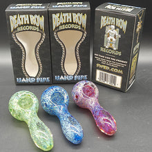Load image into Gallery viewer, Three glass hand pipes in green, blue, and pink with 'Death Row Records' packaging in the background.