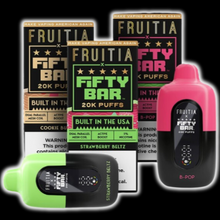 Load image into Gallery viewer, The Fruitia x Fifty Bar 20K Disposable Vape is a collaboration between Fruitia and Fifty Bar by Beard Vape Co., offering an extensive vaping experience with up to 20,000 puffs. It features a 16mL e-liquid capacity with 5% (50mg) nicotine strength, powered by an 800mAh rechargeable battery via USB-C. This device is equipped with a dual parallel mesh coil for superior flavor, a digital display for monitoring e-liquid and battery levels, and adjustable airflow for a personalized vape. Available in a display bo