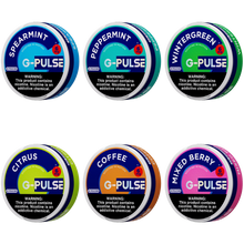 Load image into Gallery viewer, Six containers of G-Pulse nicotine pouches in different flavors.