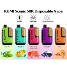 Load image into Gallery viewer, KUMI 6 Scenic 50K Disposable Vape with five different flavors displayed.