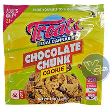 Load image into Gallery viewer, Satisfy your cravings with Treats Chocolate Chunk Cookie, boasting a 25:1 CBD:THC ratio and a whopping 2600mg of cannabinoids. Each cookie contains 100mg of THC and 2500mg of CBD, perfect for new users starting with 1/8 of a cookie or experienced users with 1/4 of a piece. Remember to wait 2 hours for the effects to kick in before indulging in more (if you dare!).