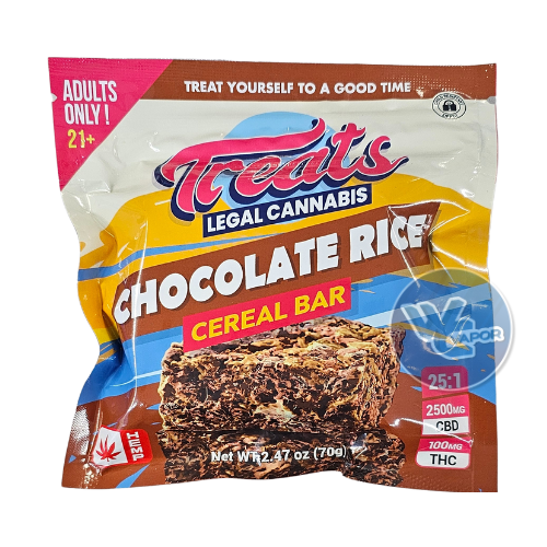 Experience the perfect fusion of decadent chocolate and crispy rice with the Treats Chocolate Rice Cereal Bar. Infused with a 25:1 CBD:THC ratio and containing 100mg Delta9, each bite offers a delightful combination of flavors and the potential benefits of THC. Enjoy anytime, anywhere for a delicious and elevated experience.