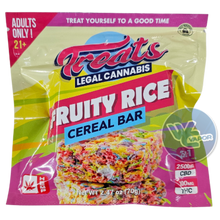 Load image into Gallery viewer, Indulge in a flavor explosion and euphoric boost with Treats Fruity Rice Cereal Bars. This premium snack combines the classic taste of fruity cereal with a kick of THC. Each bite takes you on a wild journey of fruity goodness, making it the perfect escape from the ordinary. With each bar containing 2500mg of CBD and 100mg of Delta 9 THC, Treats Fruity Rice Cereal Bars are the ultimate mood-lifting treat for any occasion.