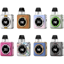 Load image into Gallery viewer, Nine different colored Vaporesso XROS Nano devices with 'PWR' display on a clear background
