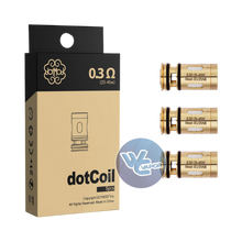 Load image into Gallery viewer, Refresh your DotMod DotAIO V2 and DotAIO SE devices with 0.3ohm DotCoil Replacement Coils, optimized for a smooth vaping experience at 25–40W. Designed with mesh technology, these coils deliver rich flavor and satisfying vapor production. Each coil ensures balanced heating, durability, and steady performance. Simple to install and dependable, every pack contains five (5) genuine DotCoil coils, securely sealed for peak freshness and quality.