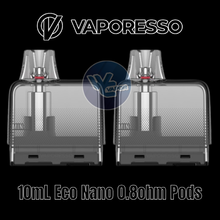 Load image into Gallery viewer, Two Vaporesso 10mL Eco Nano 0.8ohm pods on a black background with Vaporesso logo.

