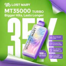 Load image into Gallery viewer, Lost Mary MT35000 Turbo vape device on a green and purple background with product features listed.
