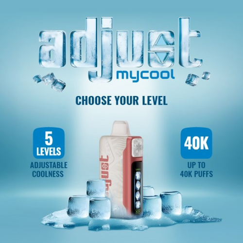 Customize your level with Adjust MyCool 40K Disposable. Comes with pre-filled 20mL e-liquid (5% nicotine), 850mAh battery, and 5 coolness levels. Choose from Turbo I, Turbo II, and Turbo III with customizable puff counts. Features triple mesh coil, e-liquid display, adjustable power and airflow, and bite-friendly mouthpiece.