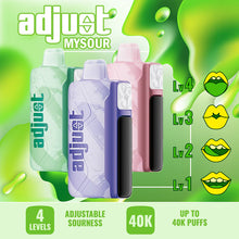 Load image into Gallery viewer, The Adjust MySour 40K Disposable 5% is a groundbreaking vaping device that puts you in control of your flavor experience. Featuring a 20mL pre-filled e-liquid capacity with a 5% (50mg) nicotine strength, this disposable vape delivers up to 40,000 puffs, powered by an 850mAh Type-C rechargeable battery. Its standout feature is the adjustable sourness control, offering four customizable levels—from a subtle &quot;Sour Whisper&quot; to a bold &quot;Sour Burst&quot;—allowing you to tailor each puff to your preference. The device a
