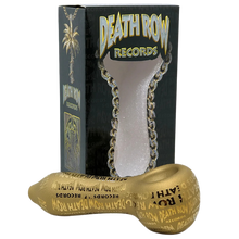 Load image into Gallery viewer, Gold death row records object with packaging on a clear background
