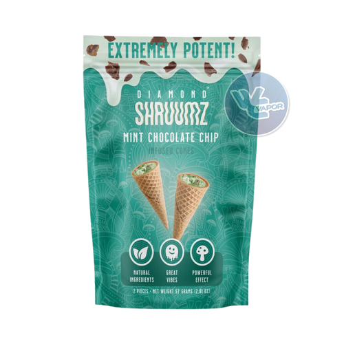 Diamond Shruumz Infused Cones offer an unbeatable combination of Mint Chocolate Chip flavor and a potent blend of nootropic and functional mushrooms. Take just one cone and you'll be energized with good vibes and a powerful boost!