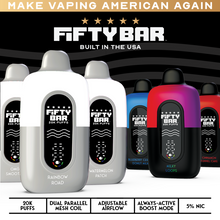 Load image into Gallery viewer, The Fifty Bar 20K is a premium disposable vape device made in Thousand Oaks, CA. With an 800mAh USB-C rechargeable battery, it offers 20000 puffs and a luxurious, flavorful experience. The device features an anti-burning coil, a digital display screen, and adjustable airflow for easy use.
