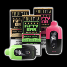 Load image into Gallery viewer, The Fruitia x Fifty Bar 20K Disposable Vape is a collaboration between Fruitia and Fifty Bar by Beard Vape Co., offering an extensive vaping experience with up to 20,000 puffs. It features a 16mL e-liquid capacity with 5% (50mg) nicotine strength, powered by an 800mAh rechargeable battery via USB-C. This device is equipped with a dual parallel mesh coil for superior flavor, a digital display for monitoring e-liquid and battery levels, and adjustable airflow for a personalized vape. Available in a display bo
