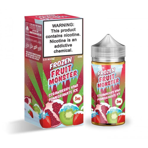 Strawberry Kiwi Pomegranate Ice by Frozen Fruit Monster is a fruity blend of ripe strawberries, kiwi, and pomegranate with an icy menthol kick. (70/30 vg/pg)