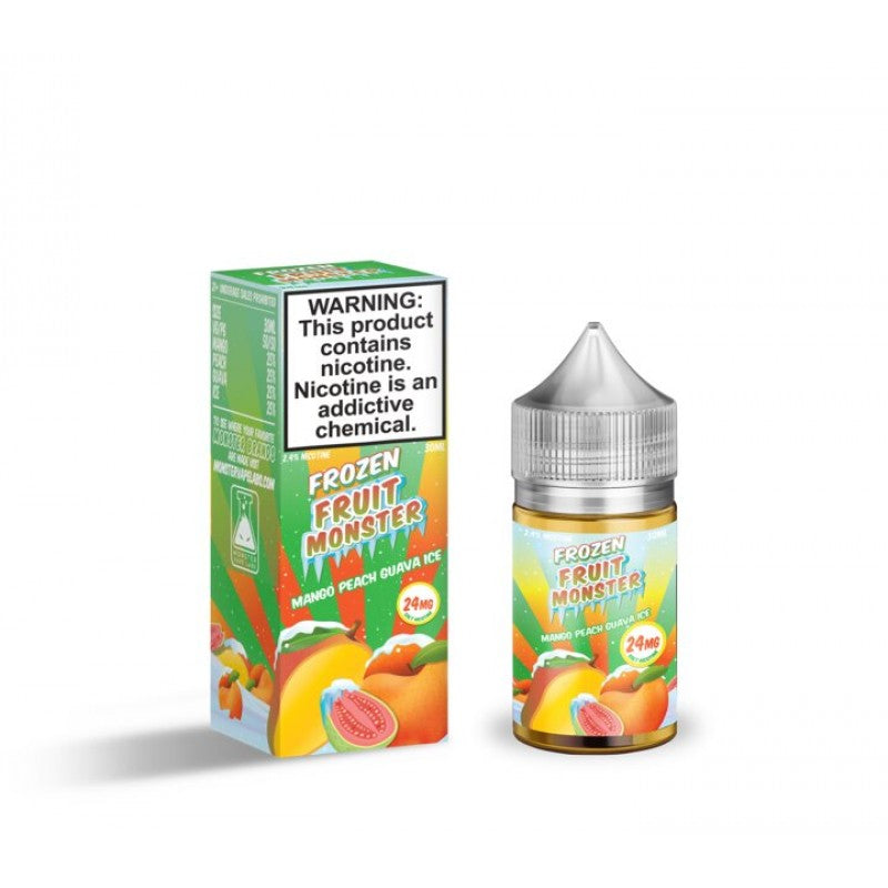 Mango Peach Guava Ice Salts by Frozen Fruit Monster is a mix of ripe mangos, fresh peaches, and guava an icy menthol kick. (50/50 vg/pg)