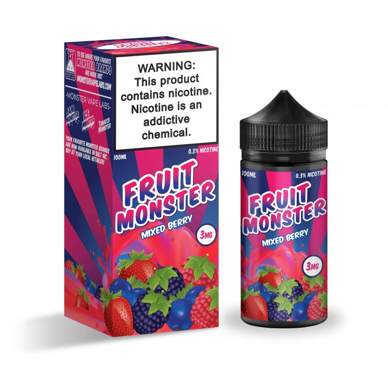 Mixed Berry by Fruit Monster is a berry blend that consists of strawberries, blueberries, raspberries, and blackberries. (70/30 vg/pg)