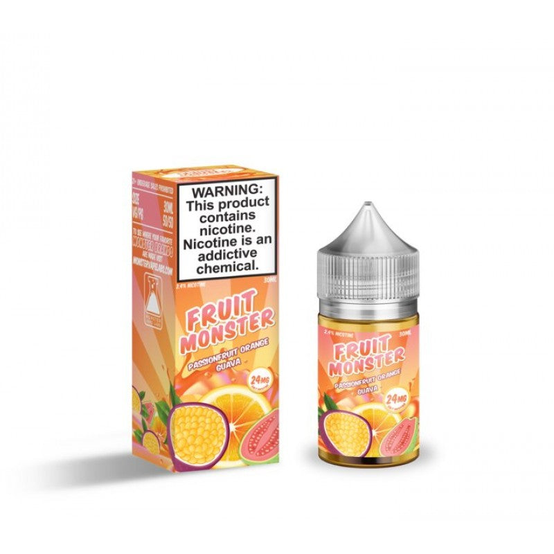 Passionfruit Orange Guava Salt by Fruit Monster is a fruity blend of passionfruit, juicy oranges, and guava. (50/50 vg/pg)
