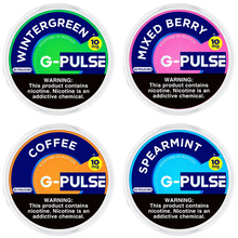 Load image into Gallery viewer, Four G-Pulse nicotine pouches in different flavors with colorful labels
