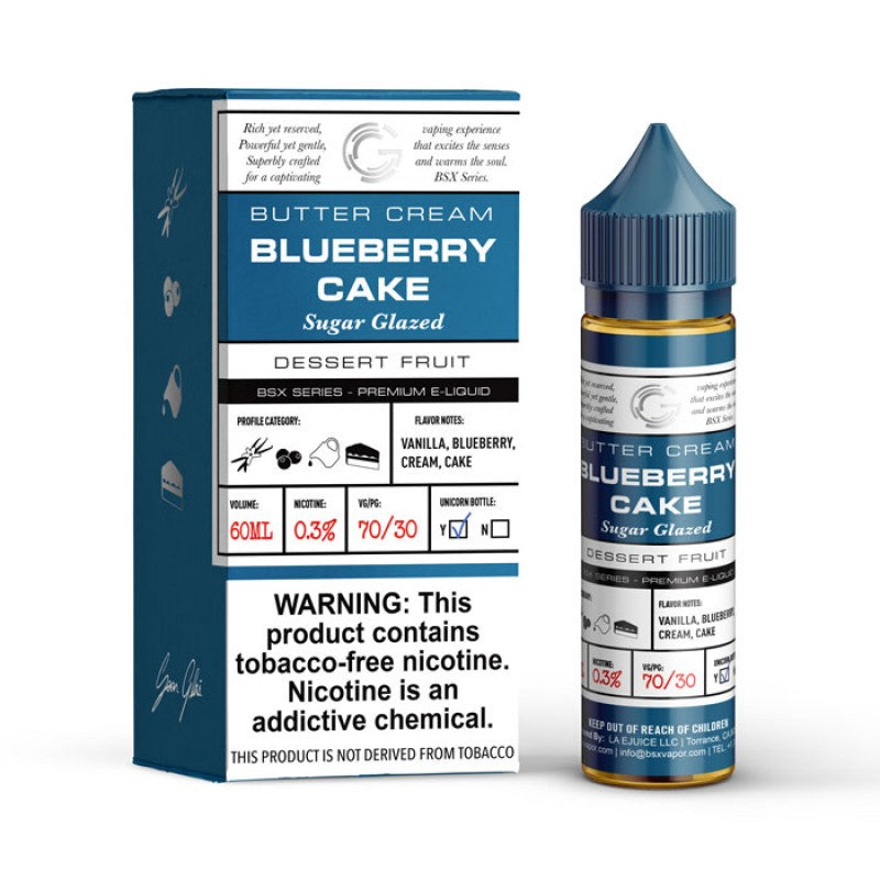 Blueberry Cake by Glas Basix features layers of rich vanilla cake and sweet buttercream iciing topped with fresh blueberries and whipped cream. (70/30 vg/pg)