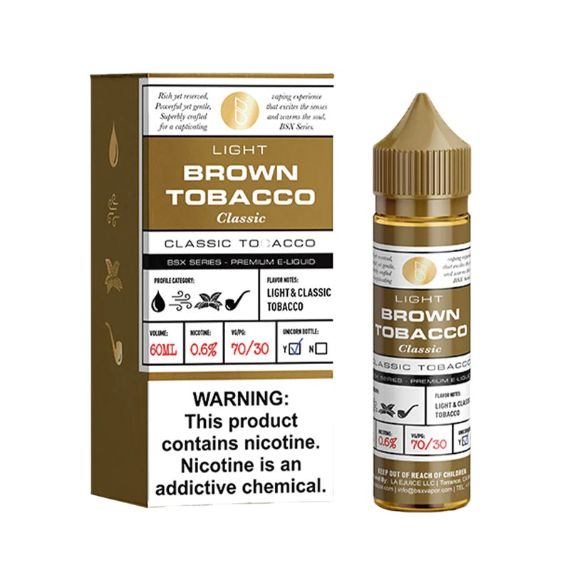 Brown Tobacco by Glas Basix is a medium bodied tobacco for light tobacco fans. (70/30 vg/pg)