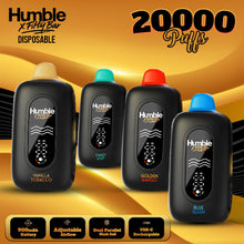 Load image into Gallery viewer, Four black vape devices with colorful tops on a yellow background, featuring the Humble X Fifty Bar brand.
