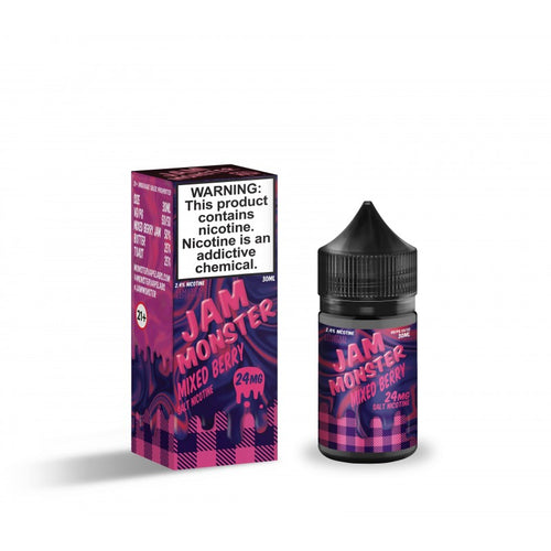 Mixed Berry by Jam Monster Salts features and mixed berries jam full of blueberries, blackberries, and raspberries on buttered toast. (50/50 vg/pg)
