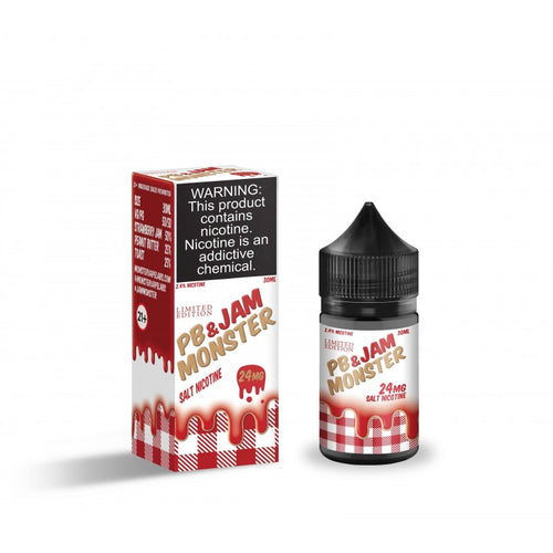 PB & Jam by Jam Monster Salts features strawberry jam and peanut buttered toast. (50/50 vg/pg)