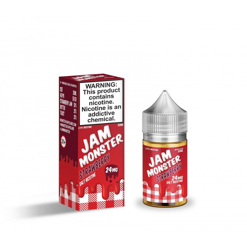 Strawberry by Jam Monster Salts features strawberry jam on buttered toast. (50/50 vg/pg)