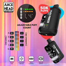 Load image into Gallery viewer, Juice Head Flex Freeze vape device with adjustable puff count and 50K puffs on a colorful background
