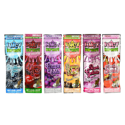 Discover the irresistible taste of Juicy Jay's - Terp Enhanced Wraps. Infused with natural hemp and terpenes, these wraps elevate the flavor and fragrance of your smoke. Every pack includes two convenient, resealable wraps.