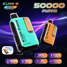Load image into Gallery viewer, Two KUMI 6 disposable vape devices on a dark background with product features displayed.
