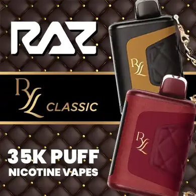 RAZ RYL 35K: 35,000 puffs, 5% nicotine, 16.5mL juice. Rechargeable, 0.96