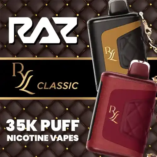 RAZ RYL 35K: 35,000 puffs, 5% nicotine, 16.5mL juice. Rechargeable, 0.96