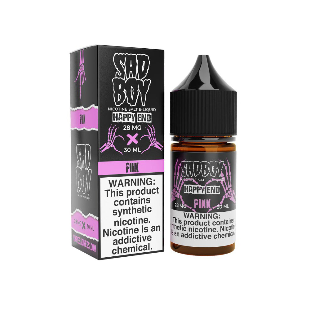 Pink Happy End Salt features red raspberries and cotton candy.  (50/50 vg/pg)