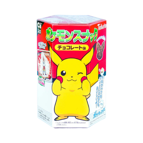 Indulge in rich chocolate Tohato Pokemon Snack Puffs, featuring Pikachu. Each box includes a free Pokémon sticker and 40 collectible designs. Perfect for a sweet mid-day pick-me-up.