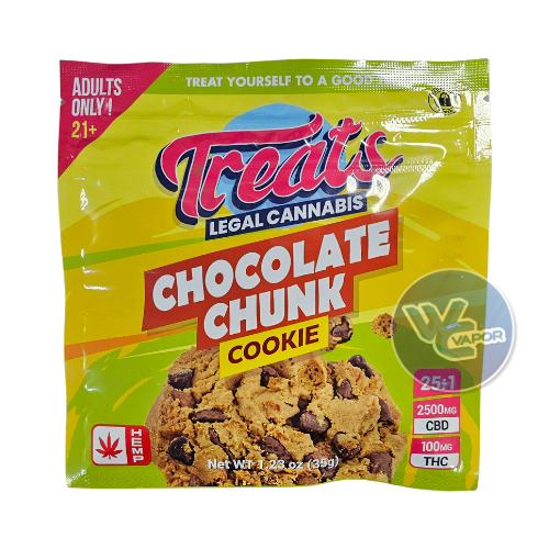 Satisfy your cravings with Treats Chocolate Chunk Cookie, boasting a 25:1 CBD:THC ratio and a whopping 2600mg of cannabinoids. Each cookie contains 100mg of THC and 2500mg of CBD, perfect for new users starting with 1/8 of a cookie or experienced users with 1/4 of a piece. Remember to wait 2 hours for the effects to kick in before indulging in more (if you dare!).