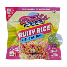 Load image into Gallery viewer, Indulge in a flavor explosion and euphoric boost with Treats Fruity Rice Cereal Bars. This premium snack combines the classic taste of fruity cereal with a kick of THC. Each bite takes you on a wild journey of fruity goodness, making it the perfect escape from the ordinary. With each bar containing 2500mg of CBD and 100mg of Delta 9 THC, Treats Fruity Rice Cereal Bars are the ultimate mood-lifting treat for any occasion.
