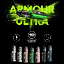 Load image into Gallery viewer, Vaping device with 'Armour Ultra' branding and specifications on a black background
