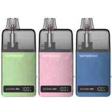 Load image into Gallery viewer, Three Vaporesso devices in green, pink, and blue on a black background
