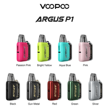 Load image into Gallery viewer, The Voopoo Argus P1 Pod System features advanced technology with an 800mAh battery and 5-20W output range. Made with durable zinc-alloy, it can withstand light falls and drops. The Argus Pods have a 2mL capacity and an adjustable airflow switch
