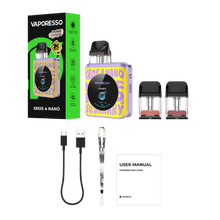 Load image into Gallery viewer, The kit includes x1 Vaporesso XROS 4 Nano Device, x1 0.6ohm Pod, x1 0.8ohm Pod, and a Type-C Cable.
