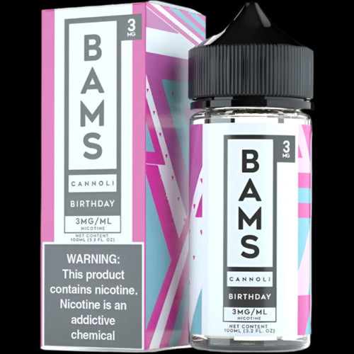 Bam’s Birthday Cannoli is a of vanilla frosting surrounded by birthday candy sprinkles inside a sugary shell. (80/20 vg/pg)