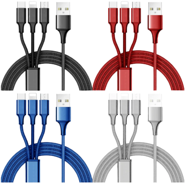 Mila 10ft 3 in 1 Multi Charging Cable - Black, Red, Blue, White